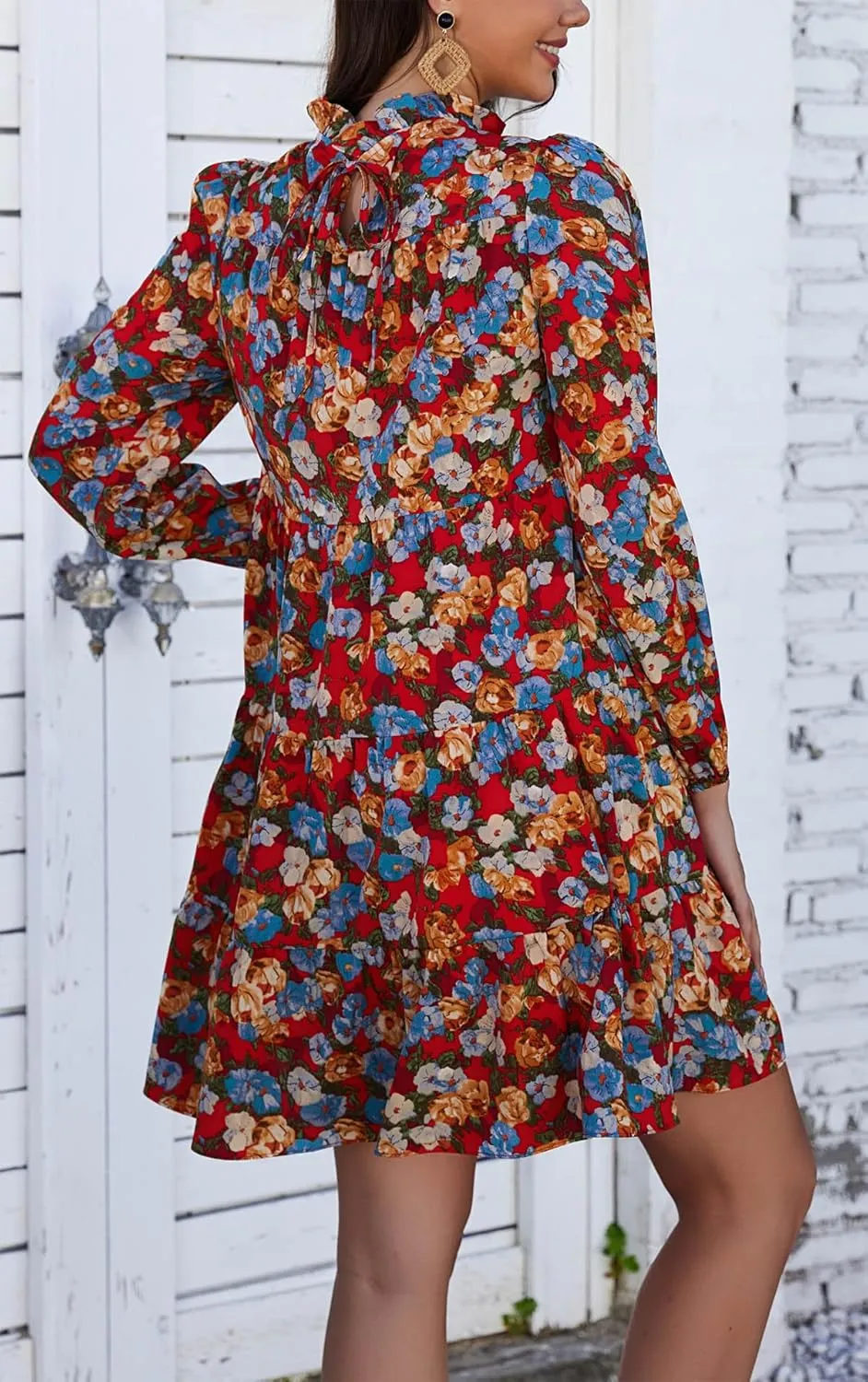Kormei Women's Long Sleeve Boho Floral Ruffle Mock Neck Tiered Mini Babydoll Casual Swing Tunic Shift Dress