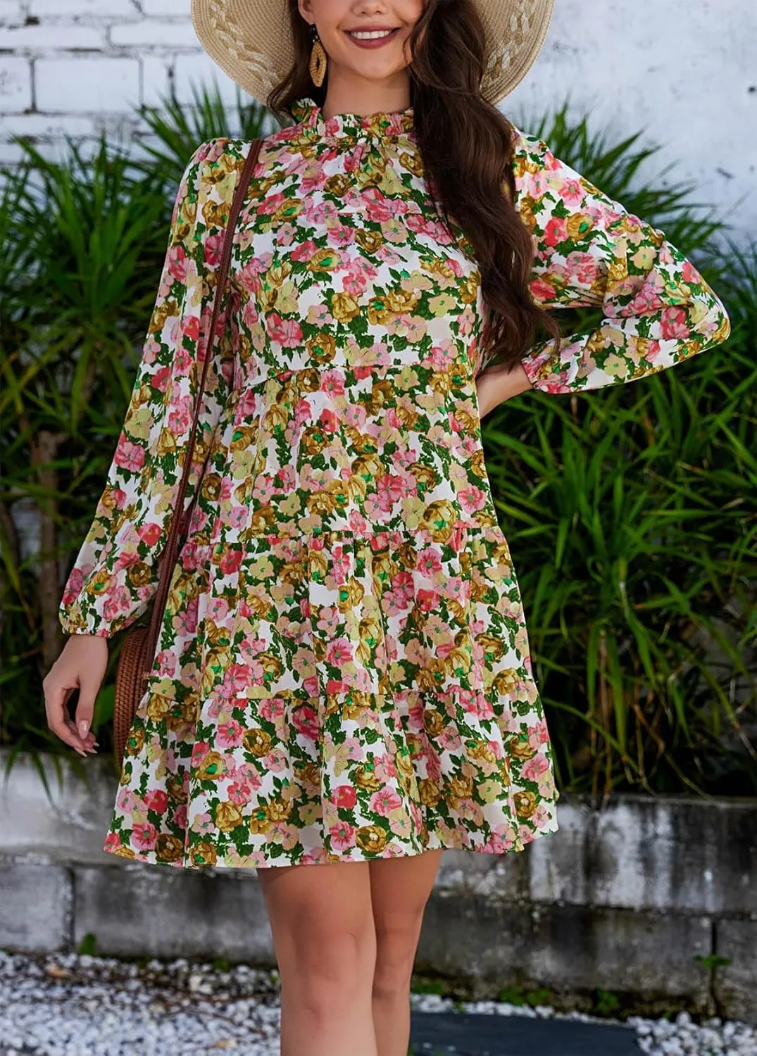 Kormei Women's Long Sleeve Boho Floral Ruffle Mock Neck Tiered Mini Babydoll Casual Swing Tunic Shift Dress