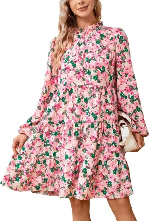 Kormei Women's Long Sleeve Boho Floral Ruffle Mock Neck Tiered Mini Babydoll Casual Swing Tunic Shift Dress