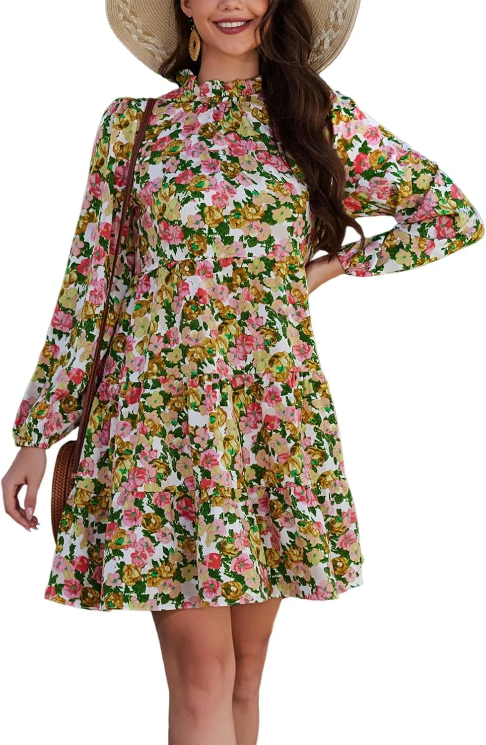 Kormei Women's Long Sleeve Boho Floral Ruffle Mock Neck Tiered Mini Babydoll Casual Swing Tunic Shift Dress