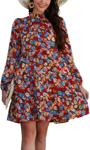 Kormei Women's Long Sleeve Boho Floral Ruffle Mock Neck Tiered Mini Babydoll Casual Swing Tunic Shift Dress