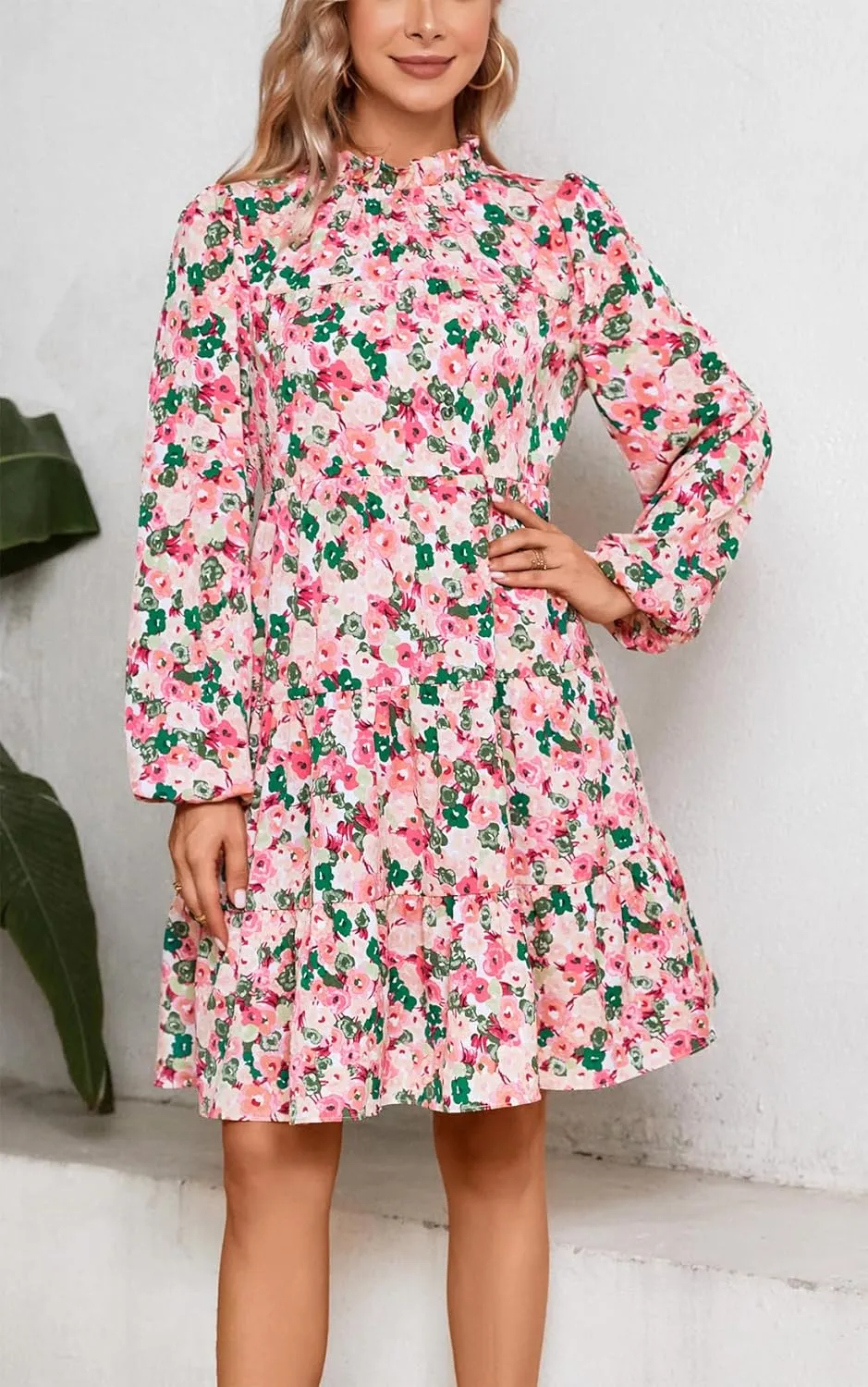 Kormei Women's Long Sleeve Boho Floral Ruffle Mock Neck Tiered Mini Babydoll Casual Swing Tunic Shift Dress