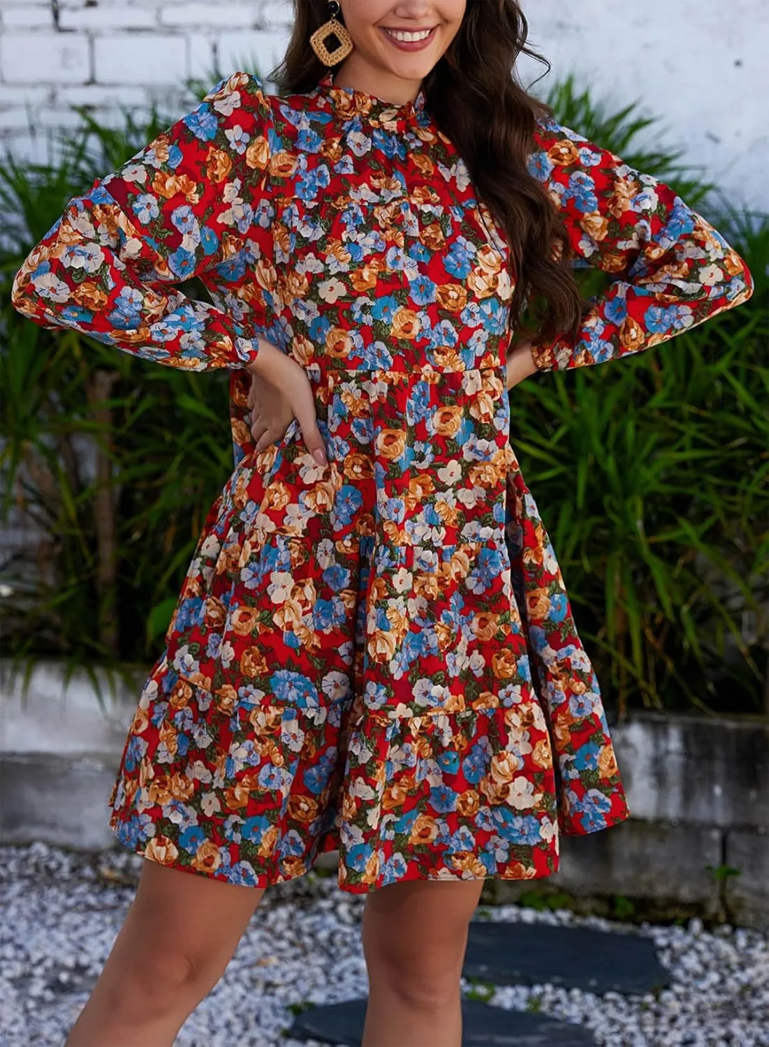 Kormei Women's Long Sleeve Boho Floral Ruffle Mock Neck Tiered Mini Babydoll Casual Swing Tunic Shift Dress