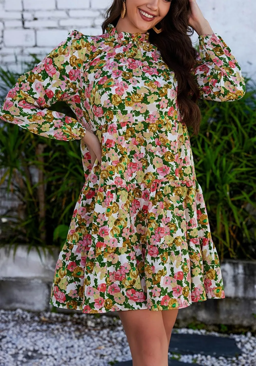 Kormei Women's Long Sleeve Boho Floral Ruffle Mock Neck Tiered Mini Babydoll Casual Swing Tunic Shift Dress
