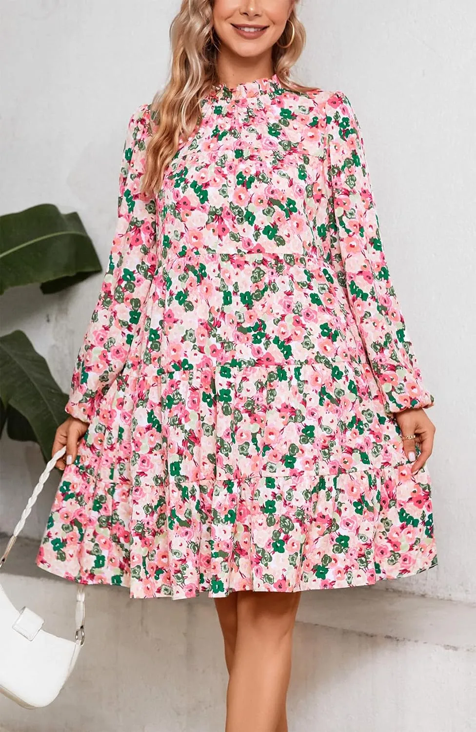 Kormei Women's Long Sleeve Boho Floral Ruffle Mock Neck Tiered Mini Babydoll Casual Swing Tunic Shift Dress