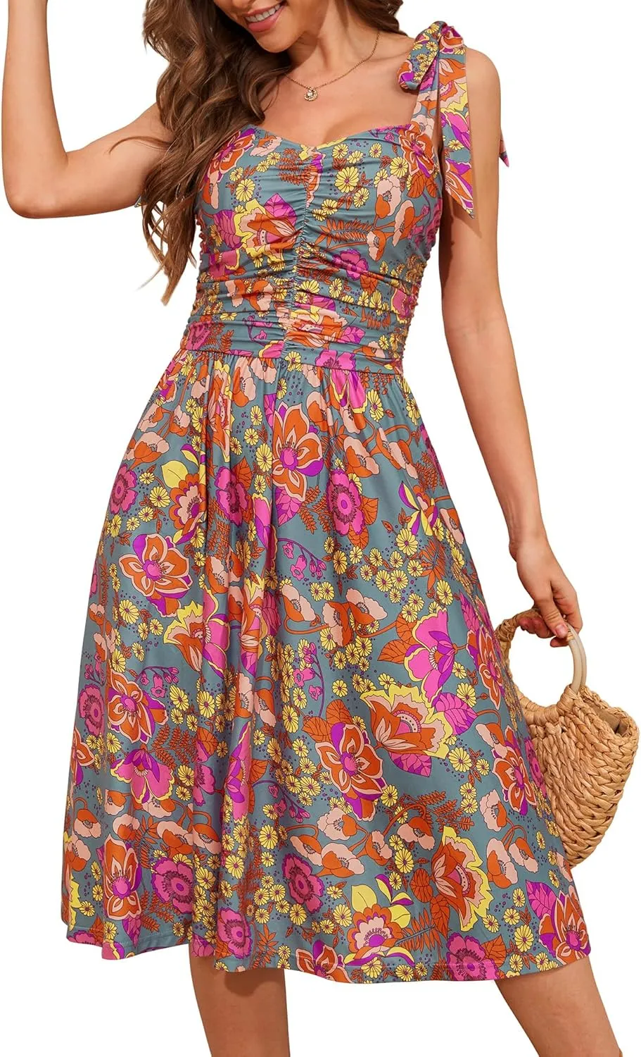 Kranda Women 2025 Summer Casual Spaghetti Strap Sundress V Neck Sleeveless Flowy Boho Floral Midi Dress with Pockets