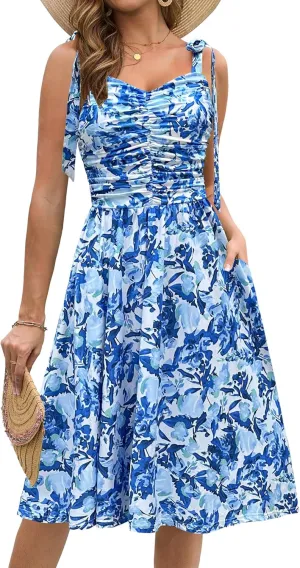 Kranda Women 2025 Summer Casual Spaghetti Strap Sundress V Neck Sleeveless Flowy Boho Floral Midi Dress with Pockets