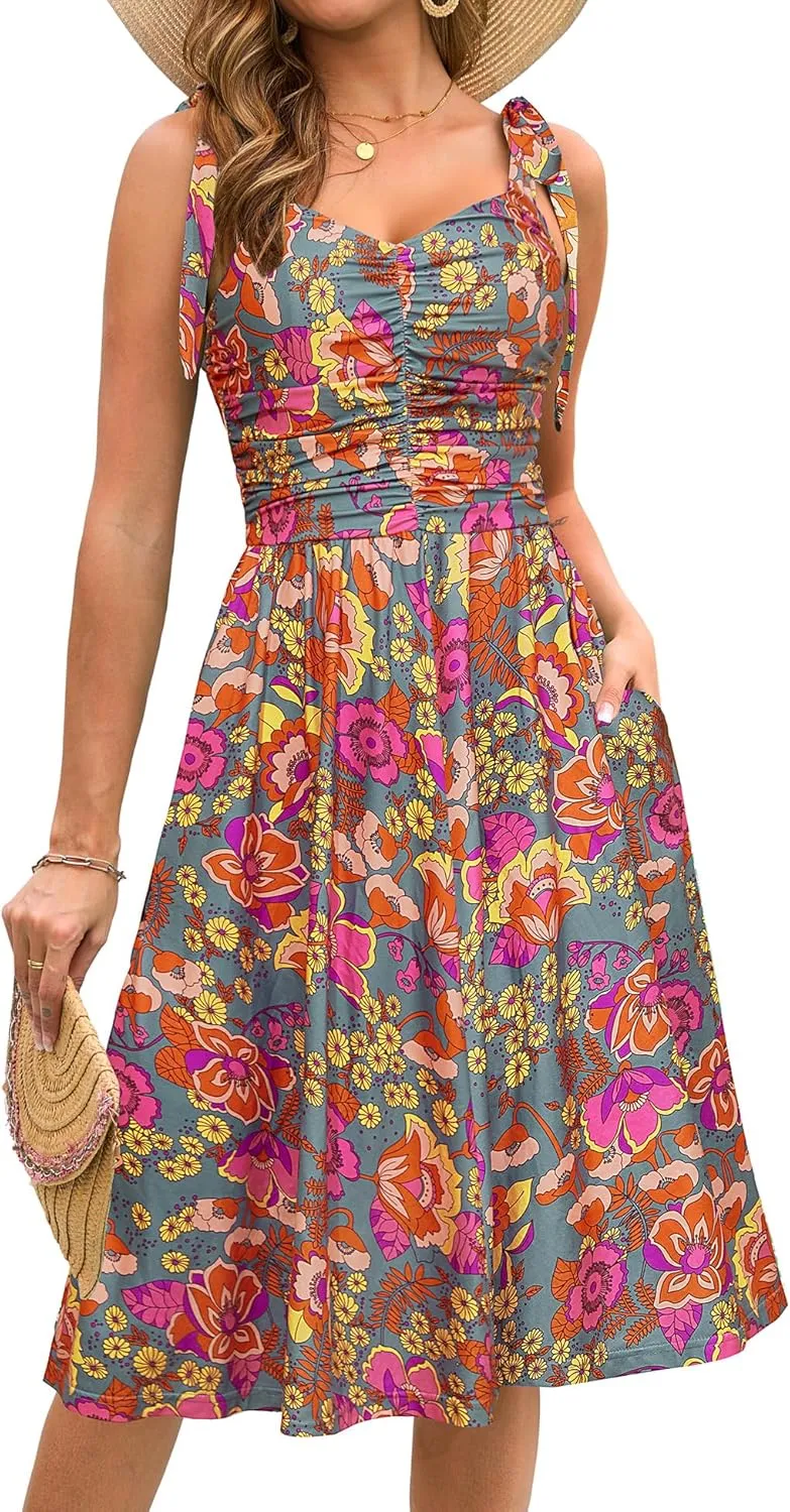 Kranda Women 2025 Summer Casual Spaghetti Strap Sundress V Neck Sleeveless Flowy Boho Floral Midi Dress with Pockets