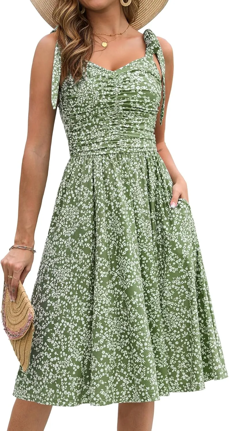 Kranda Women 2025 Summer Casual Spaghetti Strap Sundress V Neck Sleeveless Flowy Boho Floral Midi Dress with Pockets