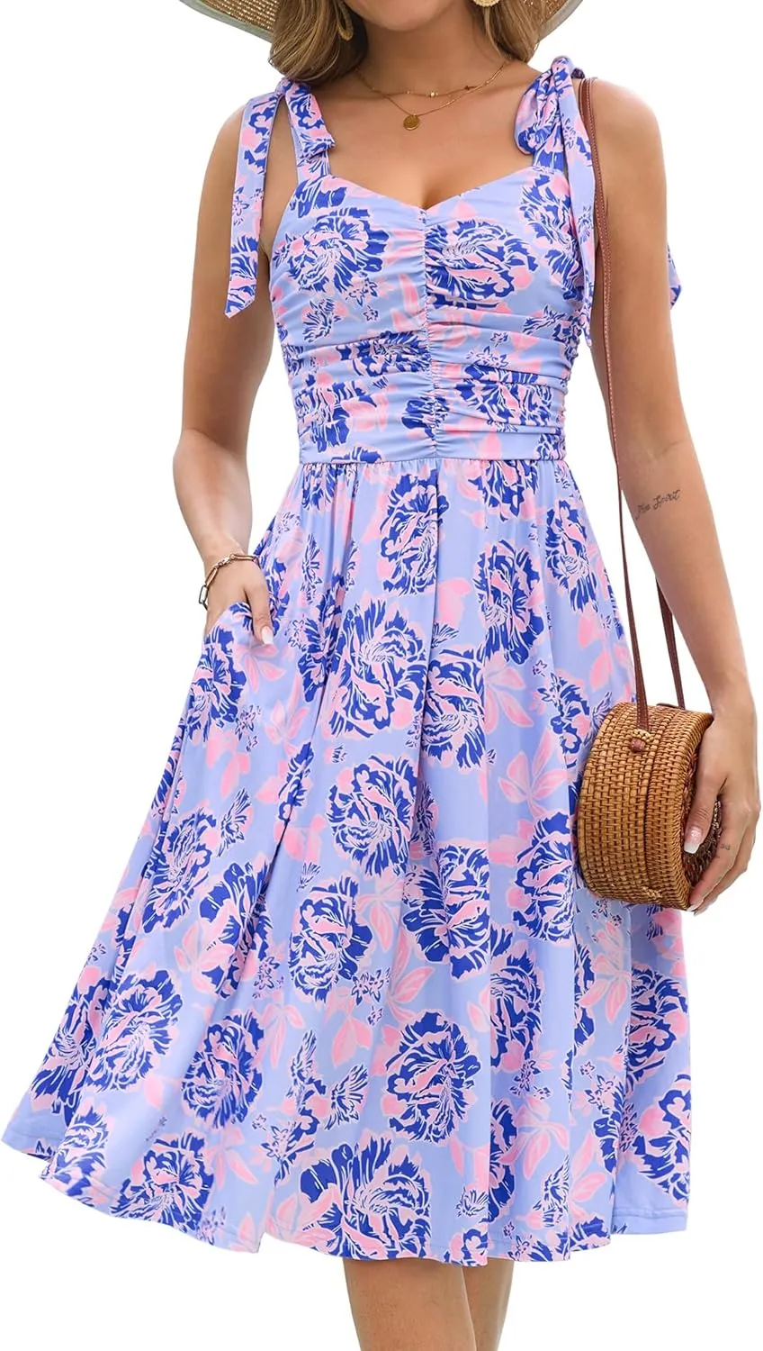 Kranda Women 2025 Summer Casual Spaghetti Strap Sundress V Neck Sleeveless Flowy Boho Floral Midi Dress with Pockets