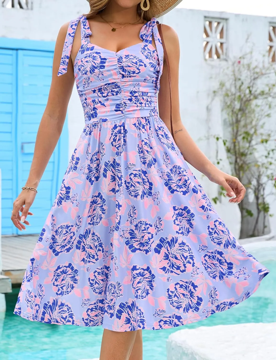 Kranda Women 2025 Summer Casual Spaghetti Strap Sundress V Neck Sleeveless Flowy Boho Floral Midi Dress with Pockets