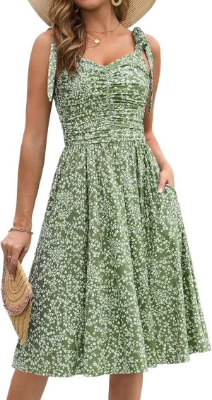 Kranda Women 2025 Summer Casual Spaghetti Strap Sundress V Neck Sleeveless Flowy Boho Floral Midi Dress with Pockets
