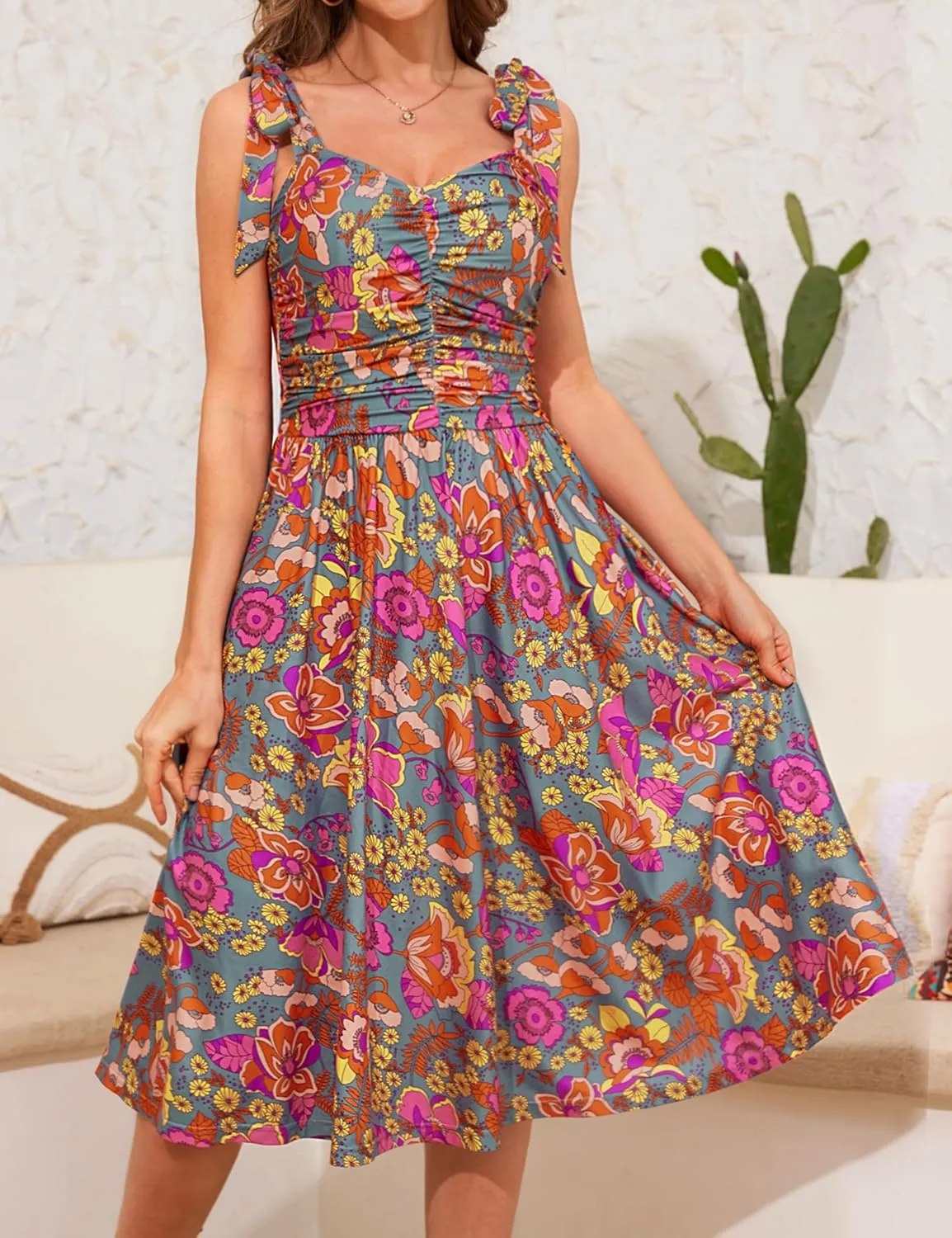 Kranda Women 2025 Summer Casual Spaghetti Strap Sundress V Neck Sleeveless Flowy Boho Floral Midi Dress with Pockets