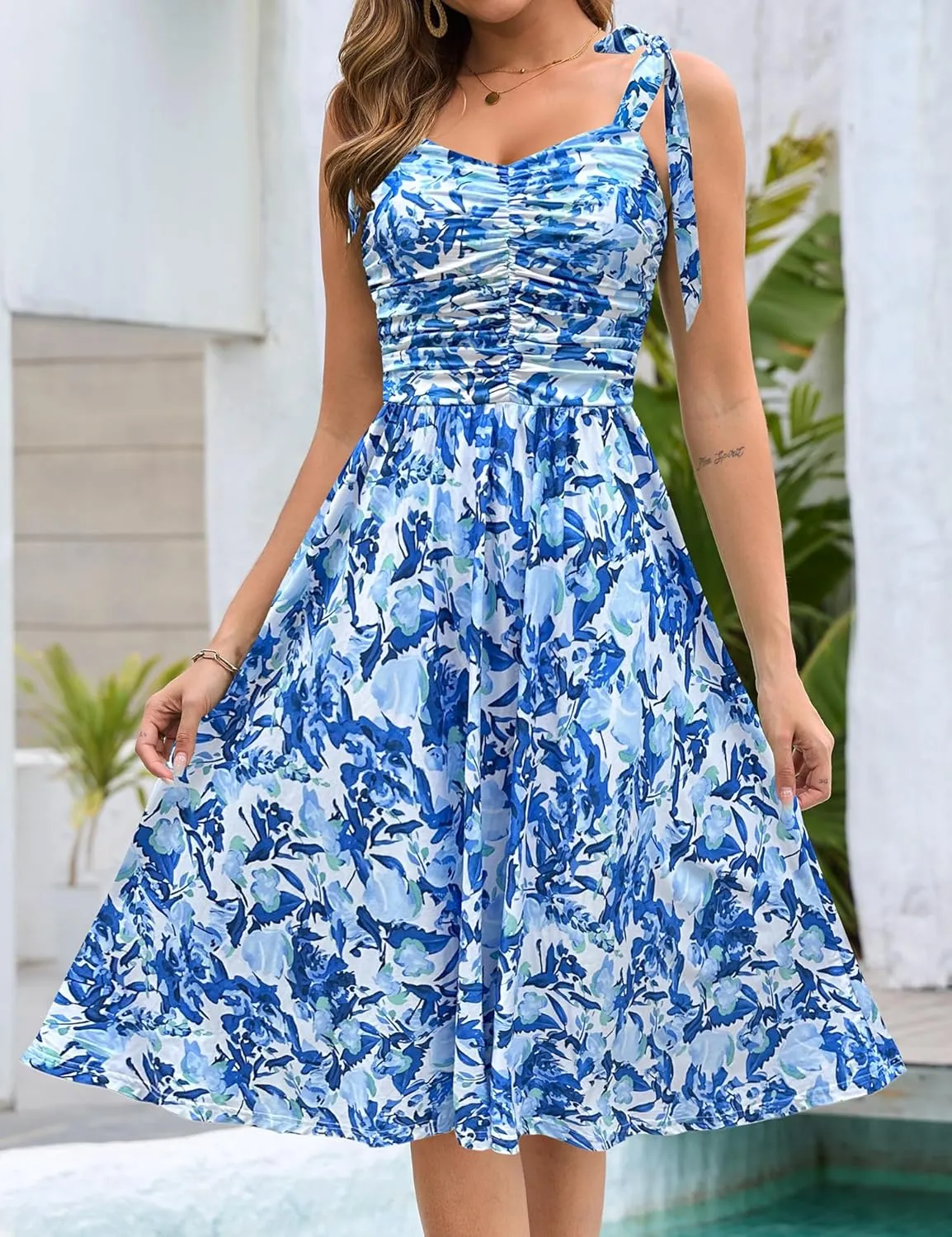 Kranda Women 2025 Summer Casual Spaghetti Strap Sundress V Neck Sleeveless Flowy Boho Floral Midi Dress with Pockets