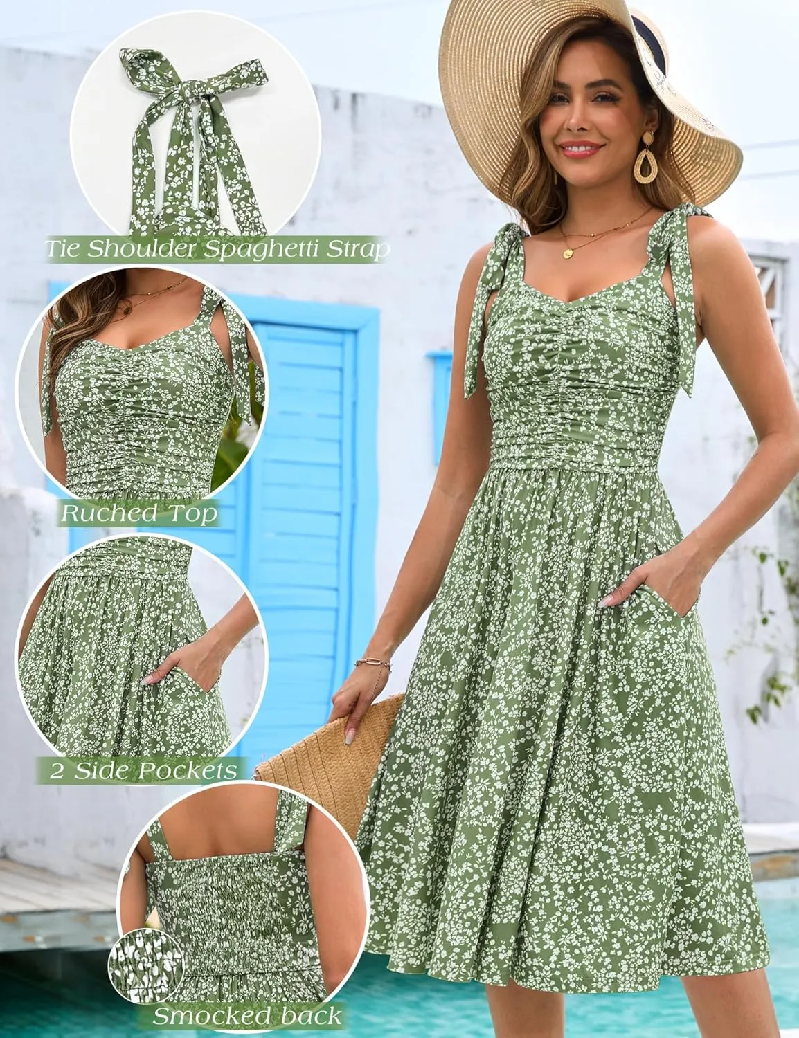 Kranda Women 2025 Summer Casual Spaghetti Strap Sundress V Neck Sleeveless Flowy Boho Floral Midi Dress with Pockets