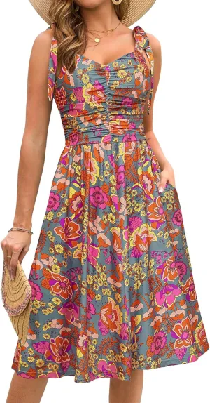 Kranda Women 2025 Summer Casual Spaghetti Strap Sundress V Neck Sleeveless Flowy Boho Floral Midi Dress with Pockets
