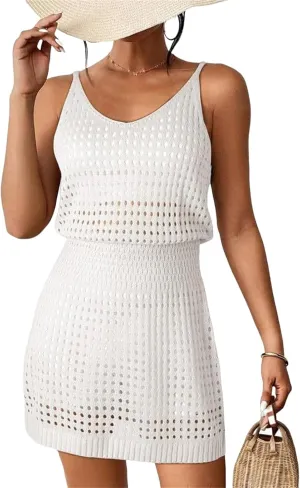 Kubbon Swim Cover Up for Women Crochet Hollow Out Knit Beach Dresses Sleeveless Swimsuits Beach Tank Dresses Coverups