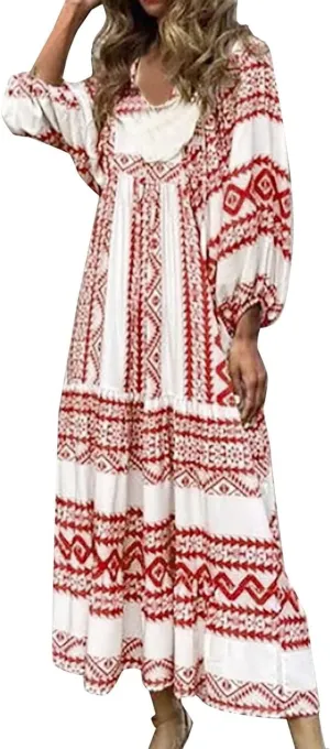 Kubbon Womens Summer Maxi Dress 2025 Puff Sleeve Boho Dresses Casual Geometric Pattern Flowy Beach Dress Vacation Travel