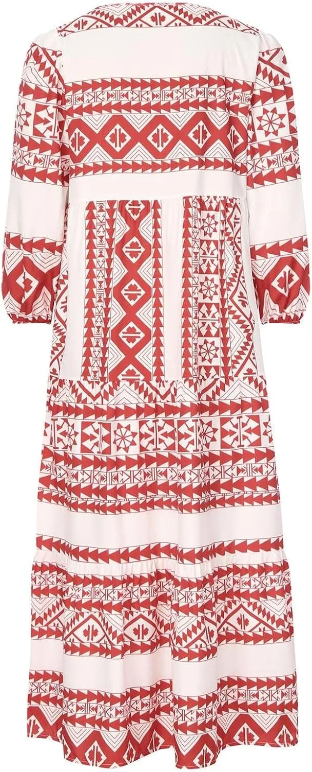 Kubbon Womens Summer Maxi Dress 2025 Puff Sleeve Boho Dresses Casual Geometric Pattern Flowy Beach Dress Vacation Travel