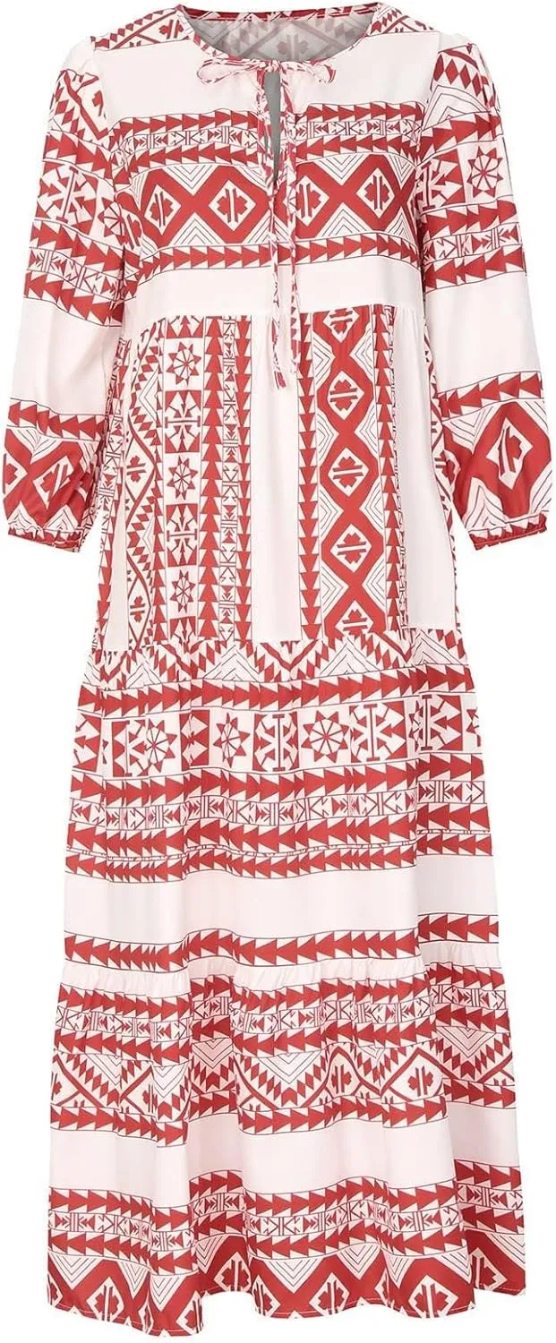 Kubbon Womens Summer Maxi Dress 2025 Puff Sleeve Boho Dresses Casual Geometric Pattern Flowy Beach Dress Vacation Travel