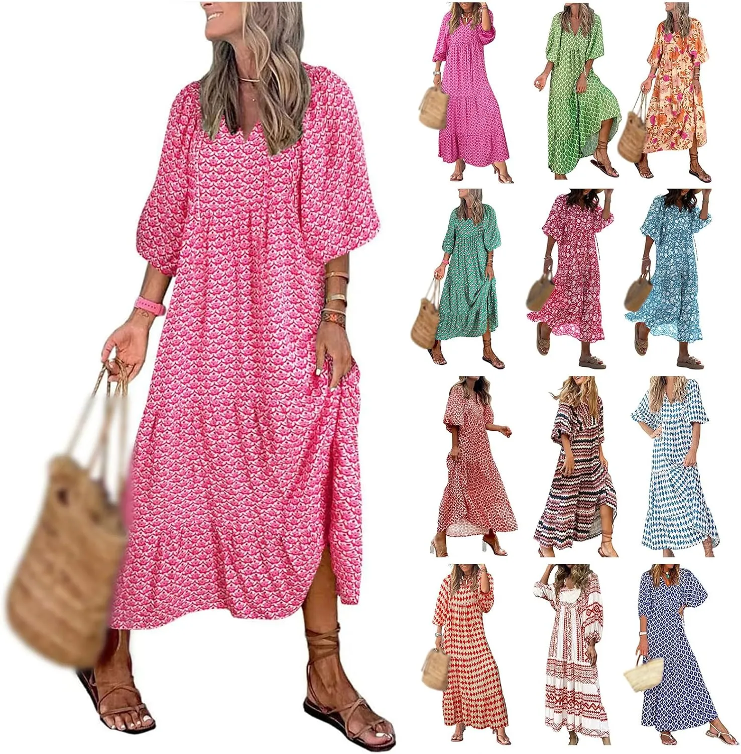 Kubbon Womens Summer Maxi Dress 2025 Puff Sleeve Boho Dresses Casual Geometric Pattern Flowy Beach Dress Vacation Travel