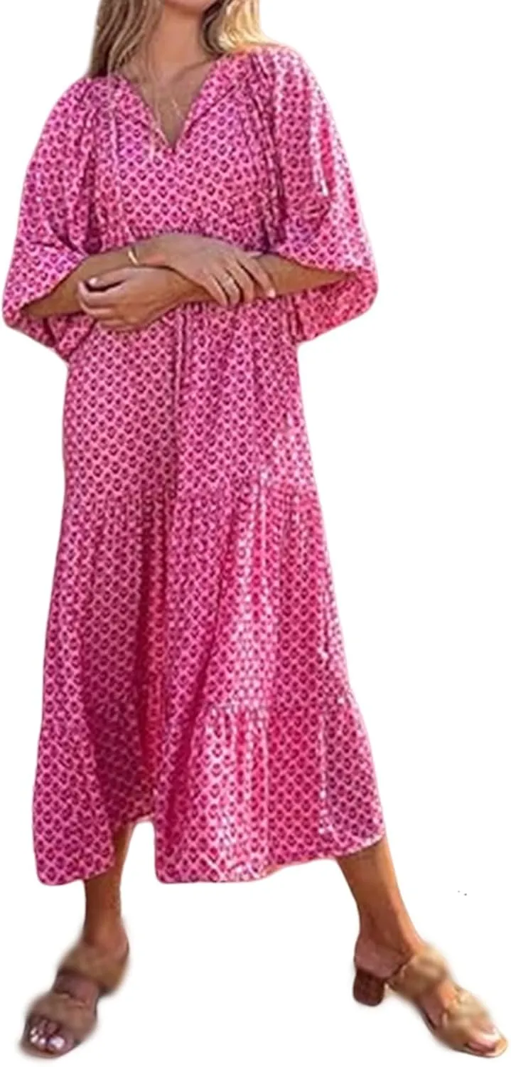 Kubbon Womens Summer Maxi Dress 2025 Puff Sleeve Boho Dresses Casual Geometric Pattern Flowy Beach Dress Vacation Travel