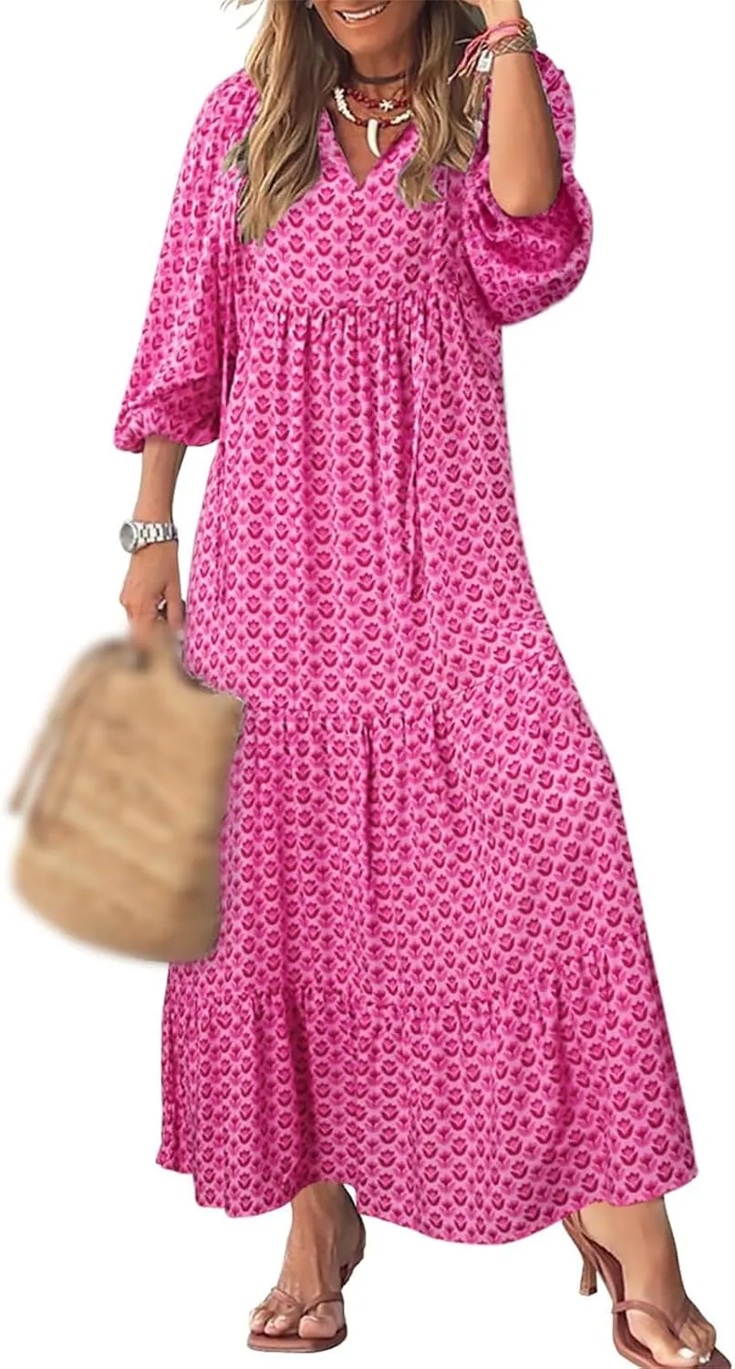 Kubbon Womens Summer Maxi Dress 2025 Puff Sleeve Boho Dresses Casual Geometric Pattern Flowy Beach Dress Vacation Travel