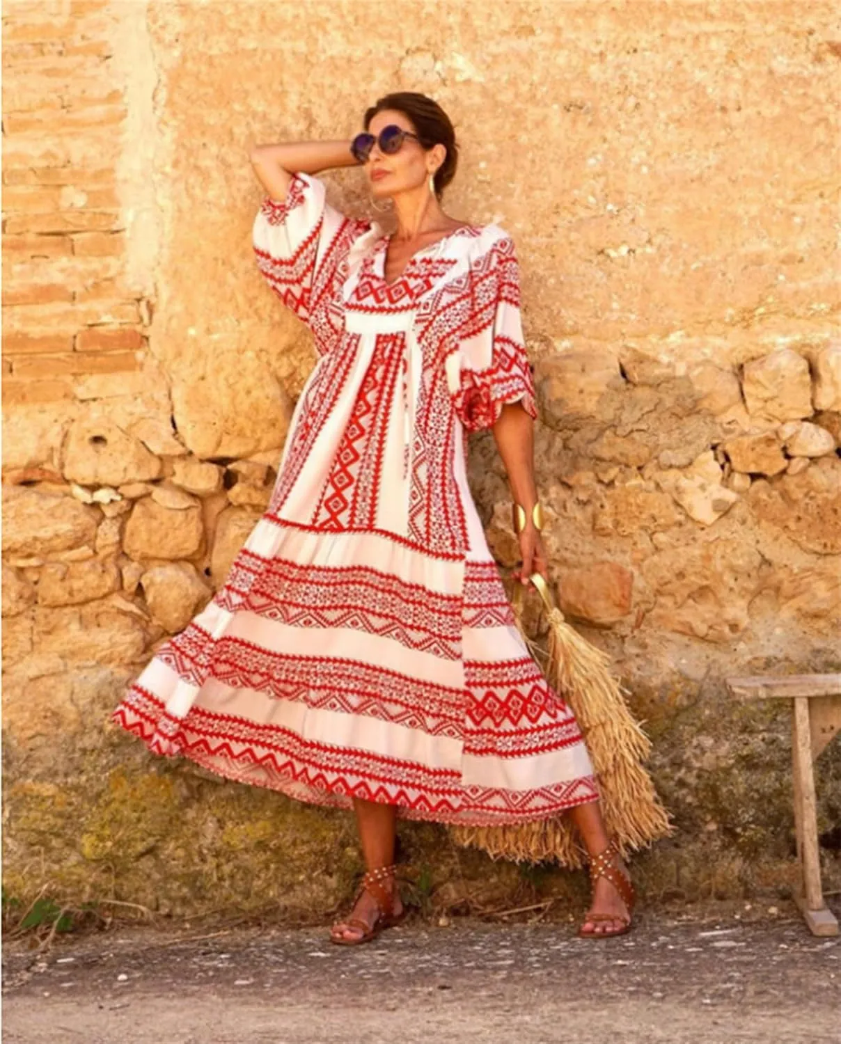 Kubbon Womens Summer Maxi Dress 2025 Puff Sleeve Boho Dresses Casual Geometric Pattern Flowy Beach Dress Vacation Travel