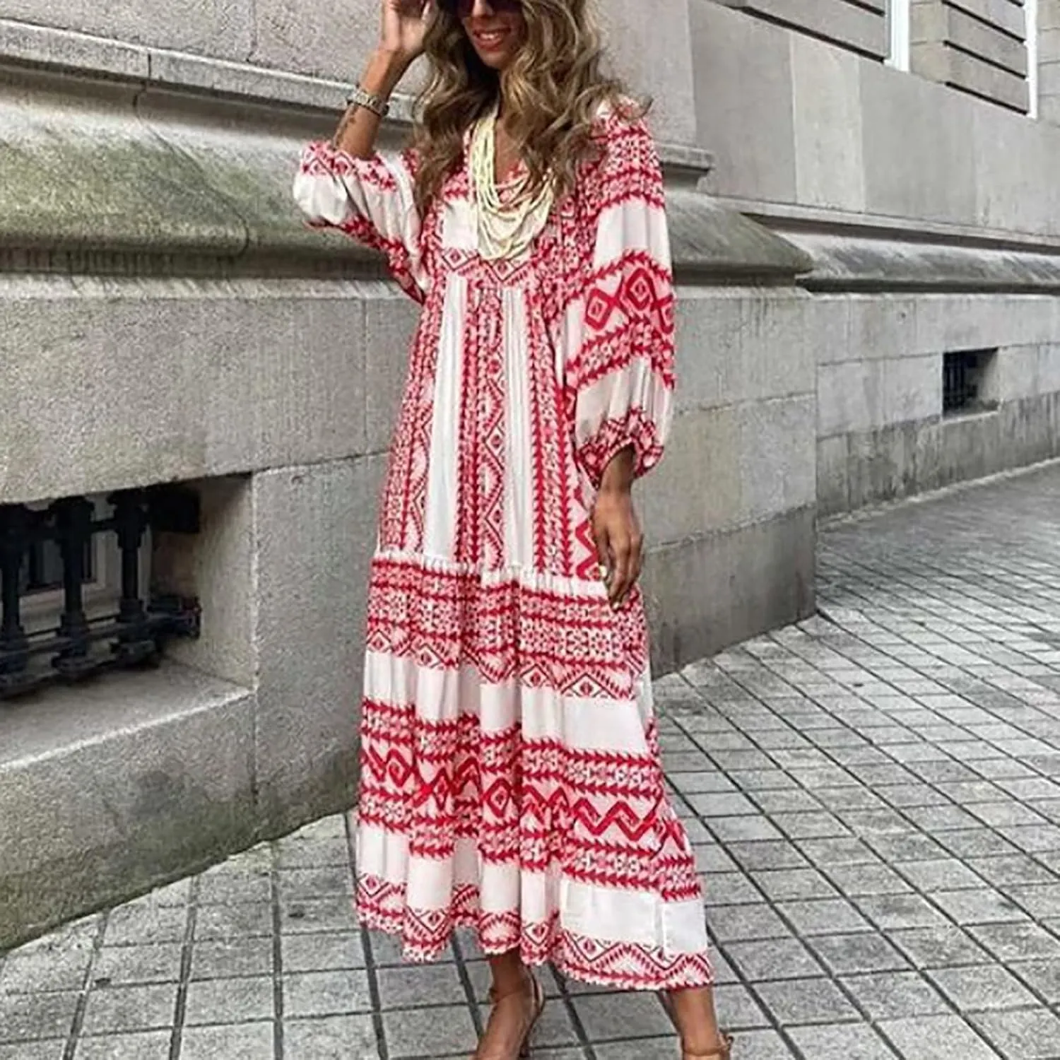 Kubbon Womens Summer Maxi Dress 2025 Puff Sleeve Boho Dresses Casual Geometric Pattern Flowy Beach Dress Vacation Travel