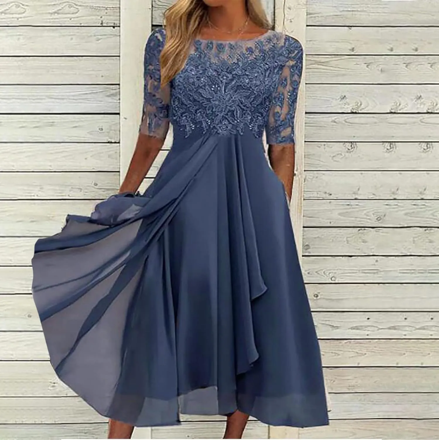 Lace Wedding Guest Dresses for Women Summer Elegant Lace Patchwork Party Dress Chiffon Formal Evening Dress