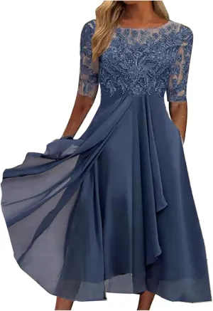 Lace Wedding Guest Dresses for Women Summer Elegant Lace Patchwork Party Dress Chiffon Formal Evening Dress