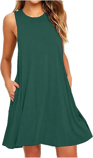 Ladies Mini Dresses with Pockets,Sleeveless Summer Dresses Elegant Plain Tank Dress Casual Loose High Waist Mini Dress