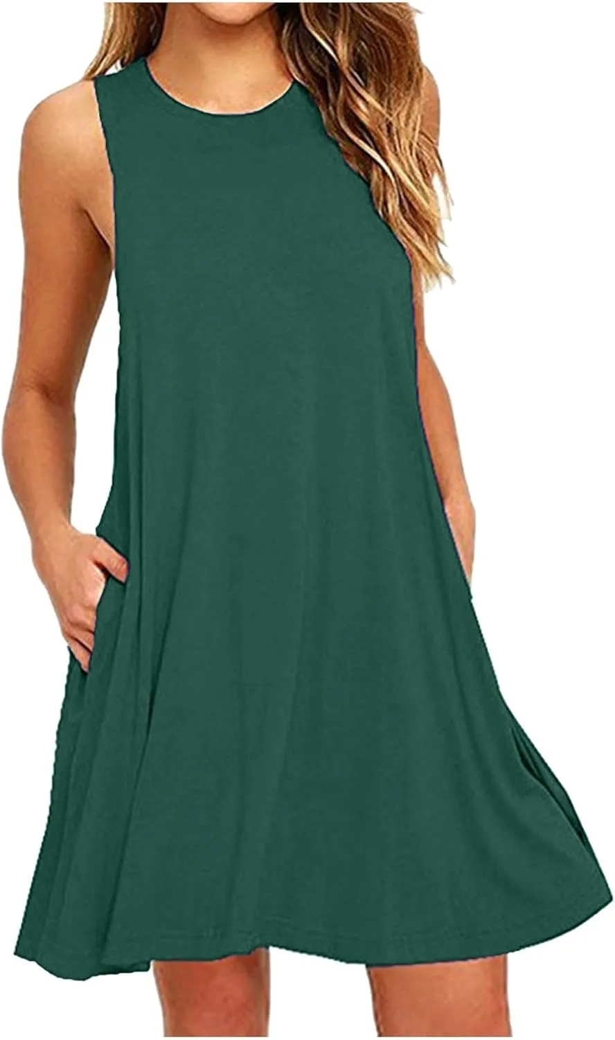 Ladies Mini Dresses with Pockets,Sleeveless Summer Dresses Elegant Plain Tank Dress Casual Loose High Waist Mini Dress