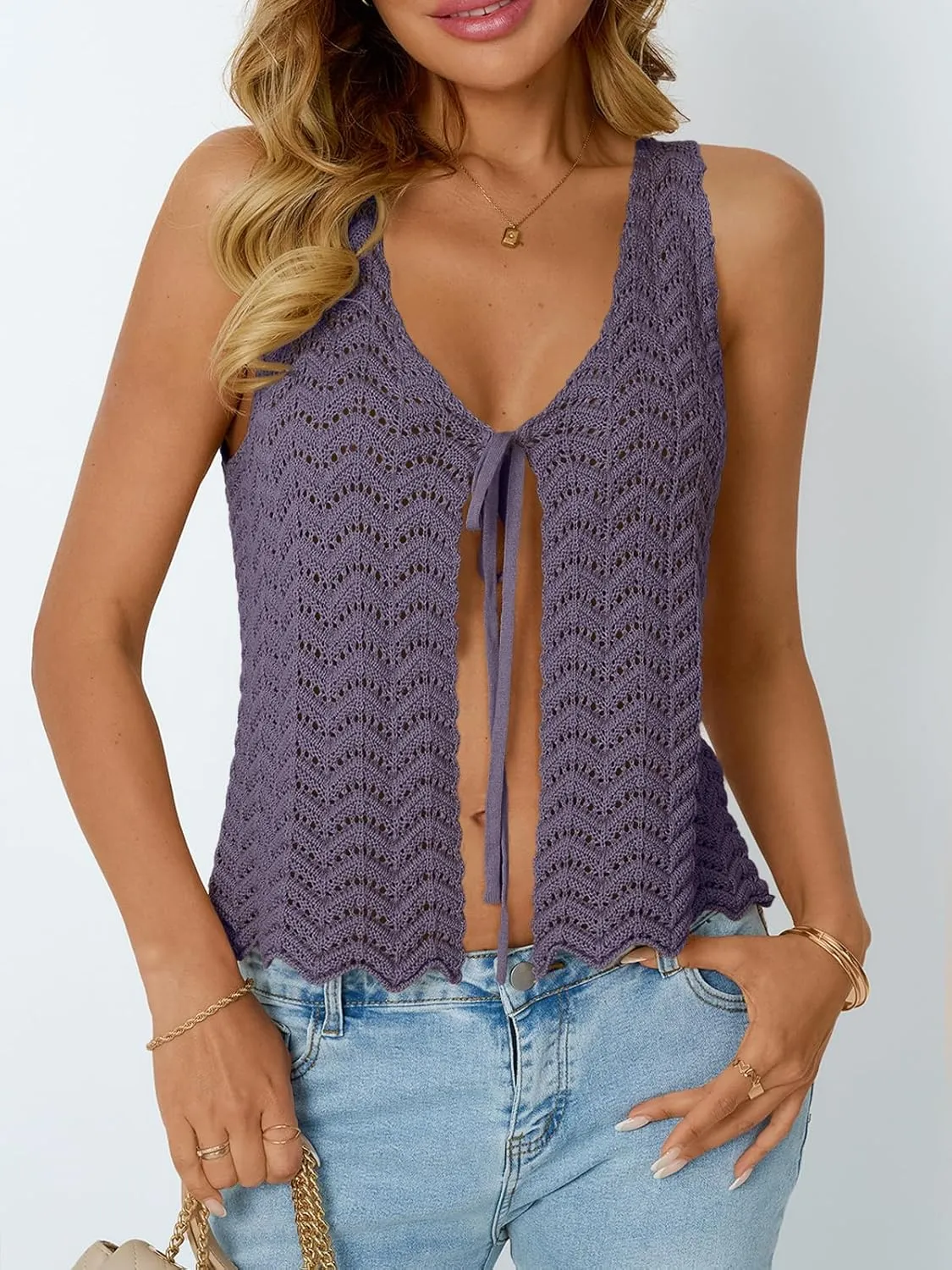 LILLUSORY Crochet Tops for Women Summer Vacation Outfits Beach Cover Up Going Out Tie Front Spring Sweater Vest 2025 Fashion
