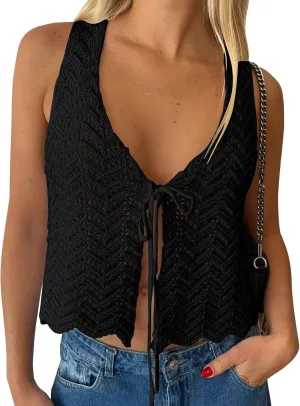 LILLUSORY Crochet Tops for Women Summer Vacation Outfits Beach Cover Up Going Out Tie Front Spring Sweater Vest 2025 Fashion