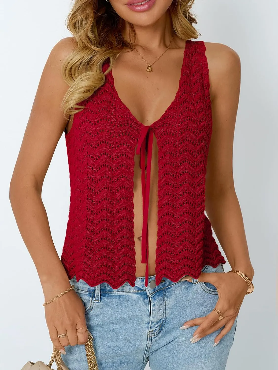 LILLUSORY Crochet Tops for Women Summer Vacation Outfits Beach Cover Up Going Out Tie Front Spring Sweater Vest 2025 Fashion