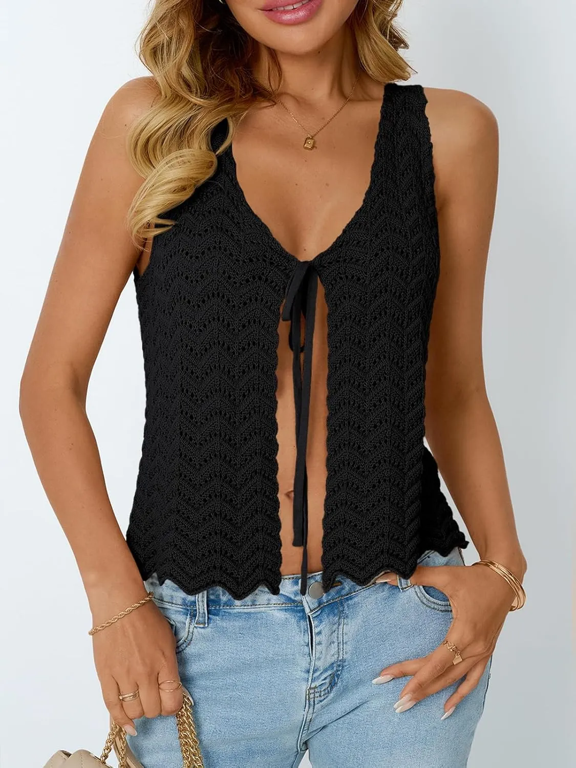 LILLUSORY Crochet Tops for Women Summer Vacation Outfits Beach Cover Up Going Out Tie Front Spring Sweater Vest 2025 Fashion