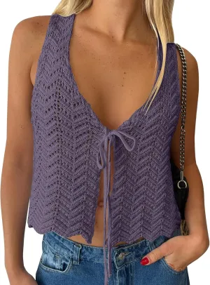 LILLUSORY Crochet Tops for Women Summer Vacation Outfits Beach Cover Up Going Out Tie Front Spring Sweater Vest 2025 Fashion