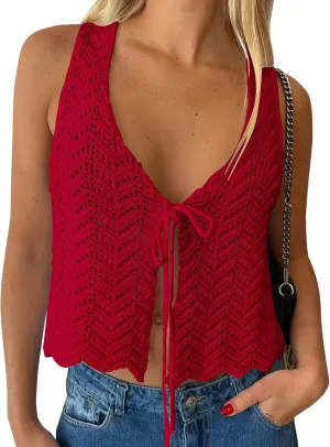 LILLUSORY Crochet Tops for Women Summer Vacation Outfits Beach Cover Up Going Out Tie Front Spring Sweater Vest 2025 Fashion