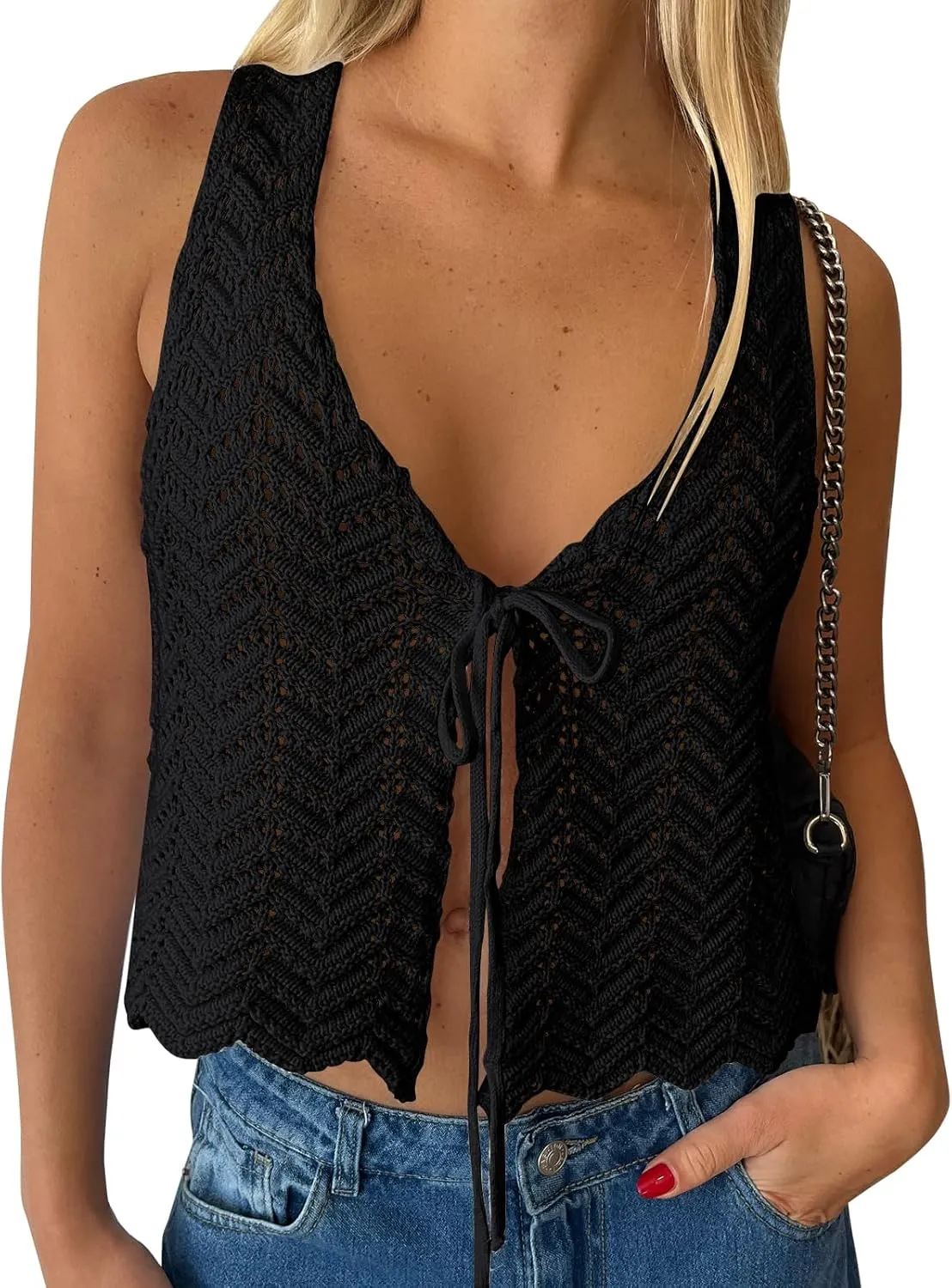 LILLUSORY Crochet Tops for Women Summer Vacation Outfits Beach Cover Up Going Out Tie Front Spring Sweater Vest 2025 Fashion