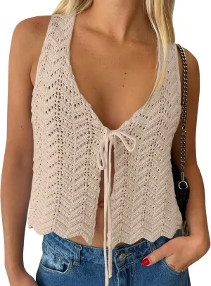 LILLUSORY Crochet Tops for Women Summer Vacation Outfits Beach Cover Up Going Out Tie Front Spring Sweater Vest 2025 Fashion