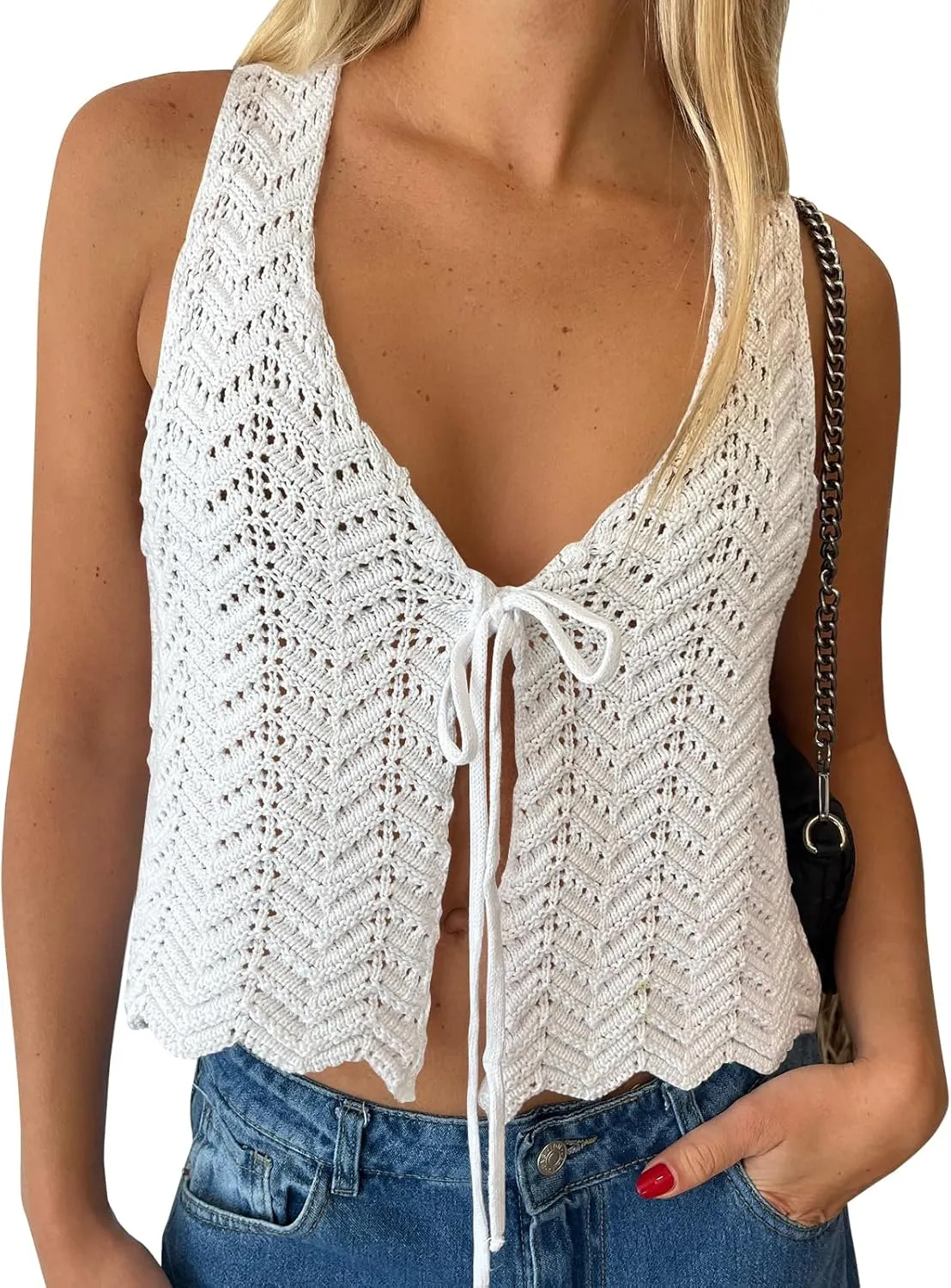 LILLUSORY Crochet Tops for Women Summer Vacation Outfits Beach Cover Up Going Out Tie Front Spring Sweater Vest 2025 Fashion