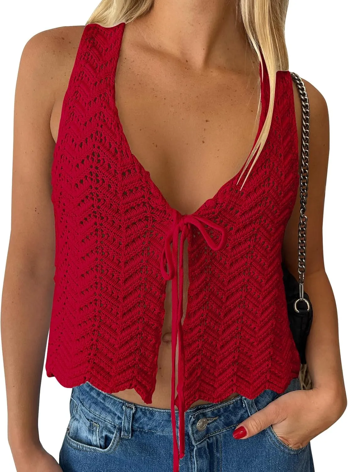 LILLUSORY Crochet Tops for Women Summer Vacation Outfits Beach Cover Up Going Out Tie Front Spring Sweater Vest 2025 Fashion