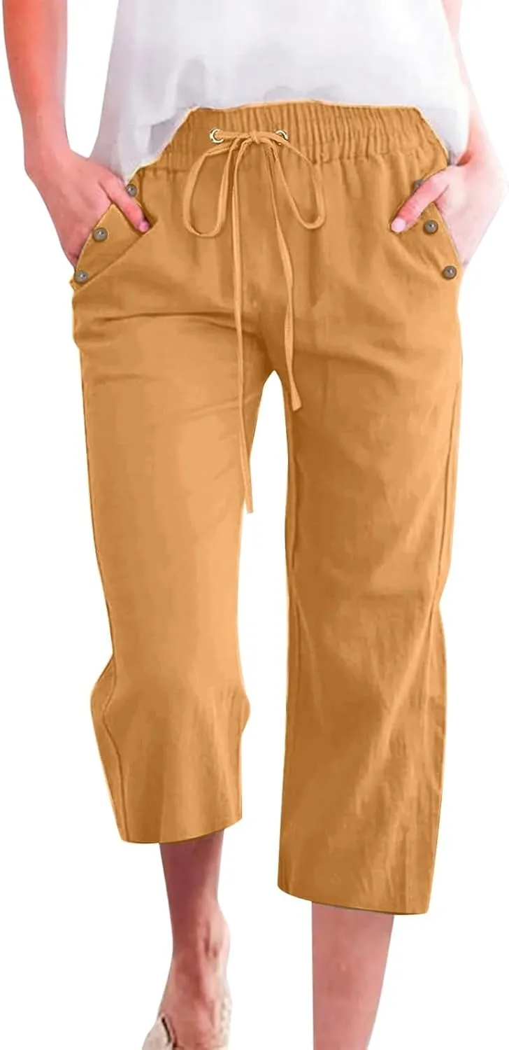 Linen Capri Pants for Women Casual 2025 Summer Drawstring Elastic High Waist Pant Straight Wide Leg Cropped Trouser