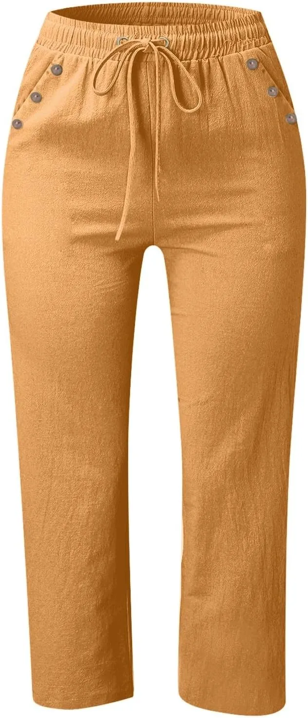 Linen Capri Pants for Women Casual 2025 Summer Drawstring Elastic High Waist Pant Straight Wide Leg Cropped Trouser