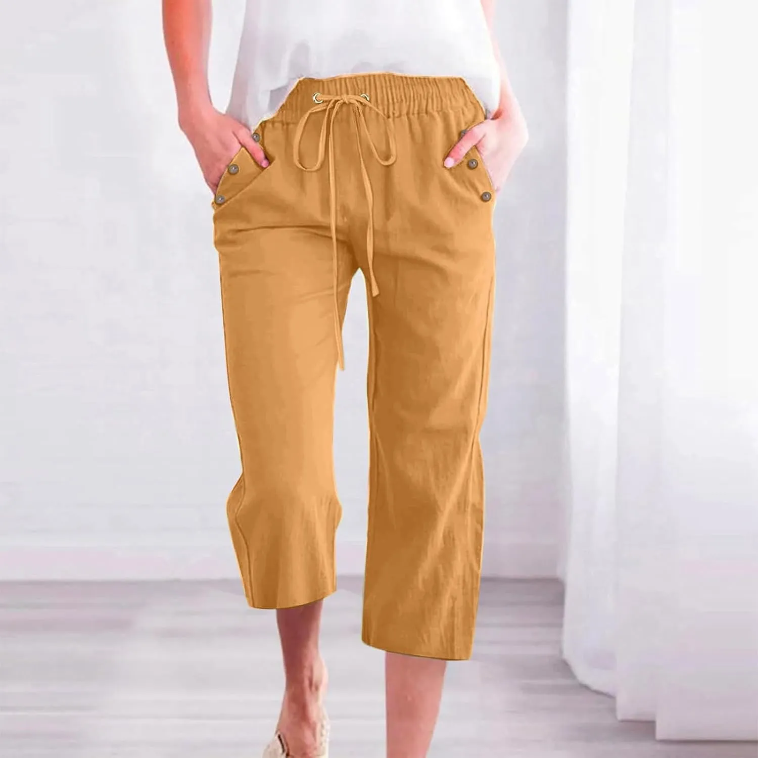 Linen Capri Pants for Women Casual 2025 Summer Drawstring Elastic High Waist Pant Straight Wide Leg Cropped Trouser
