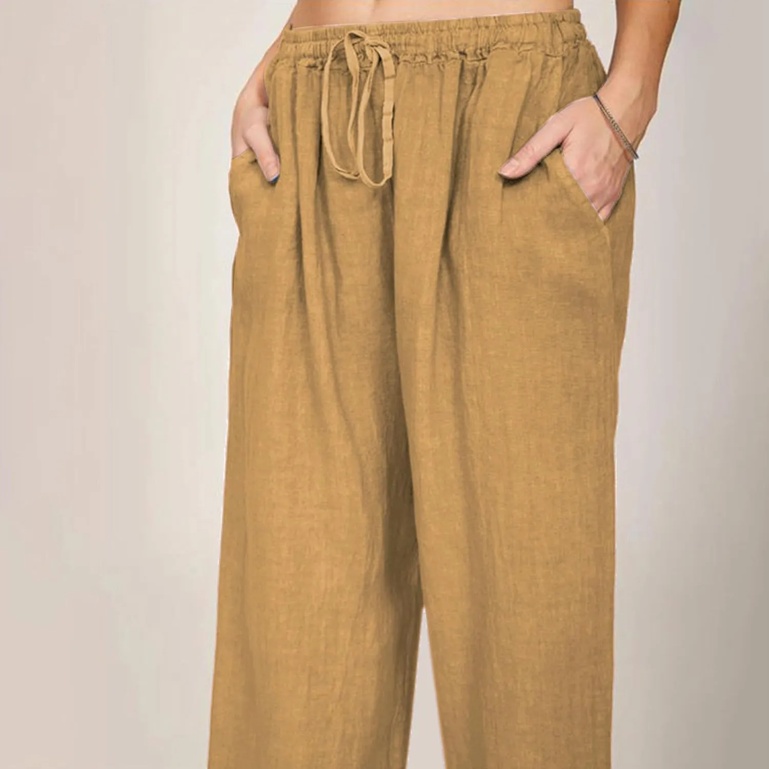 Linen Drawstring Pants Women 2025 Baggy Y2K Summer Stretchy Boho Beach Pants Relaxed Loose Fit Elastic Lightweight Trousers