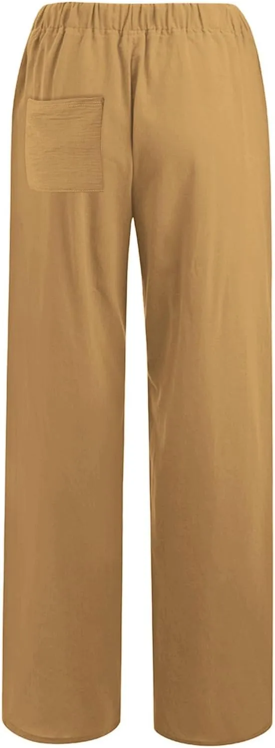 Linen Drawstring Pants Women 2025 Baggy Y2K Summer Stretchy Boho Beach Pants Relaxed Loose Fit Elastic Lightweight Trousers