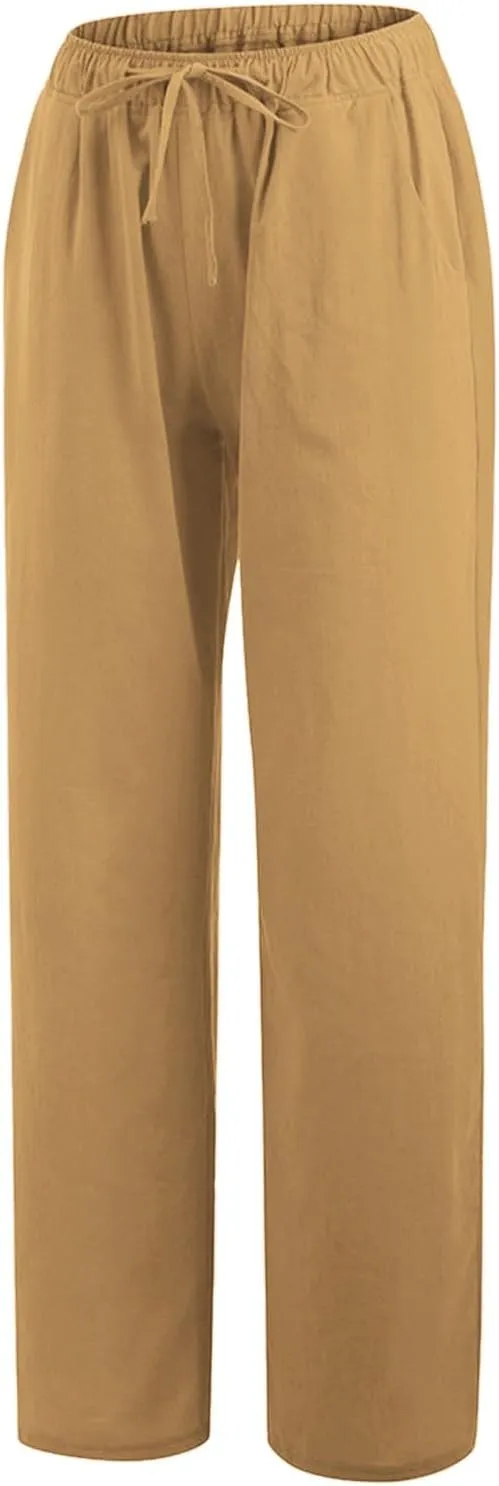 Linen Drawstring Pants Women 2025 Baggy Y2K Summer Stretchy Boho Beach Pants Relaxed Loose Fit Elastic Lightweight Trousers