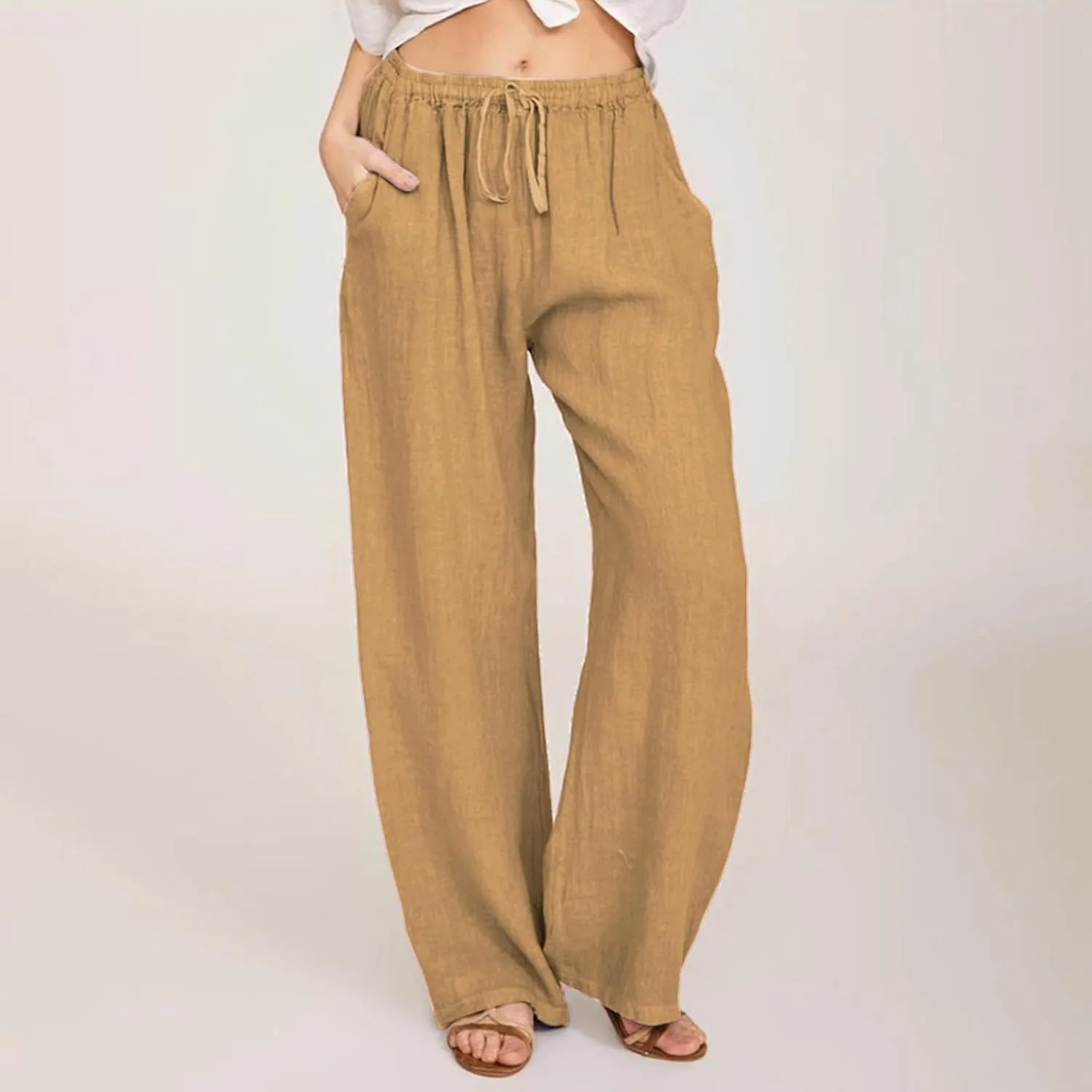 Linen Drawstring Pants Women 2025 Baggy Y2K Summer Stretchy Boho Beach Pants Relaxed Loose Fit Elastic Lightweight Trousers